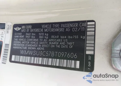 2011 Mini Cooper from USA, damaged, VIN WMWSU3C57BT097606